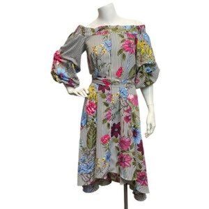 Gracia Floral Striped Off Shoulder Midi Dress High Low hem